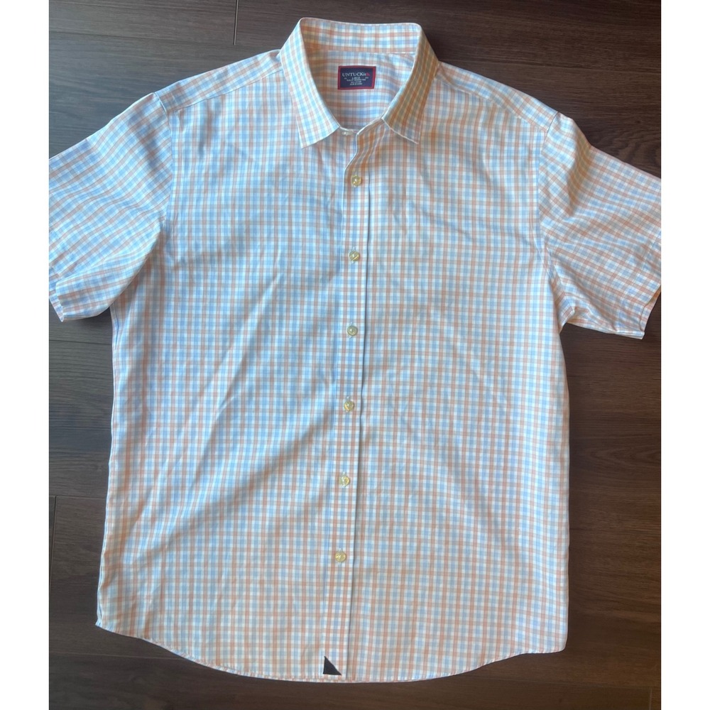 UNTUCKit Dezaley Mens Large Slim Fit Wrinkle Free Short Sleeve Gingham Shirt Ora
